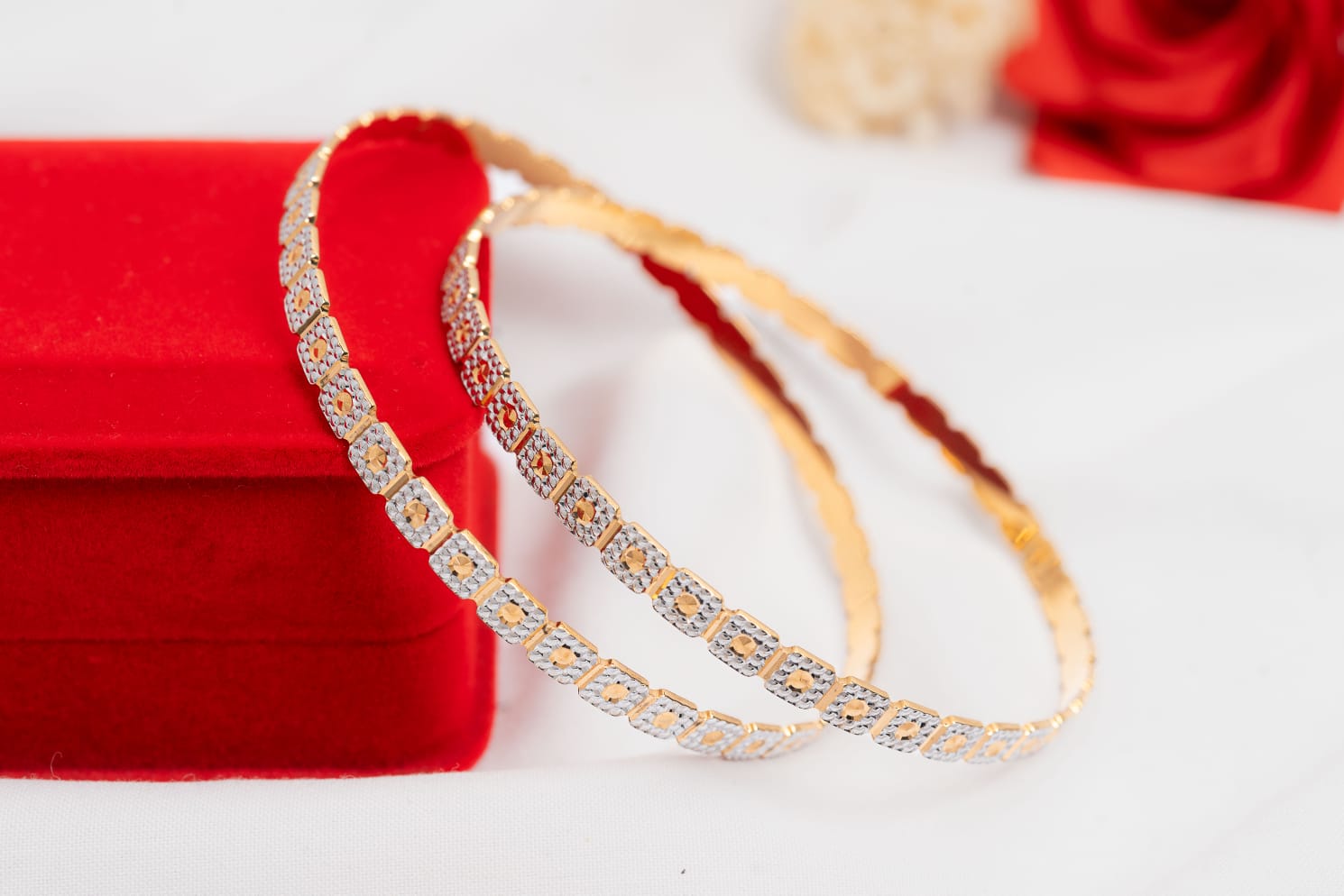 Dual-Tone Diamond-Cut Cushion Station Bangles (Pair) - Shagoon Jewellers Nepal