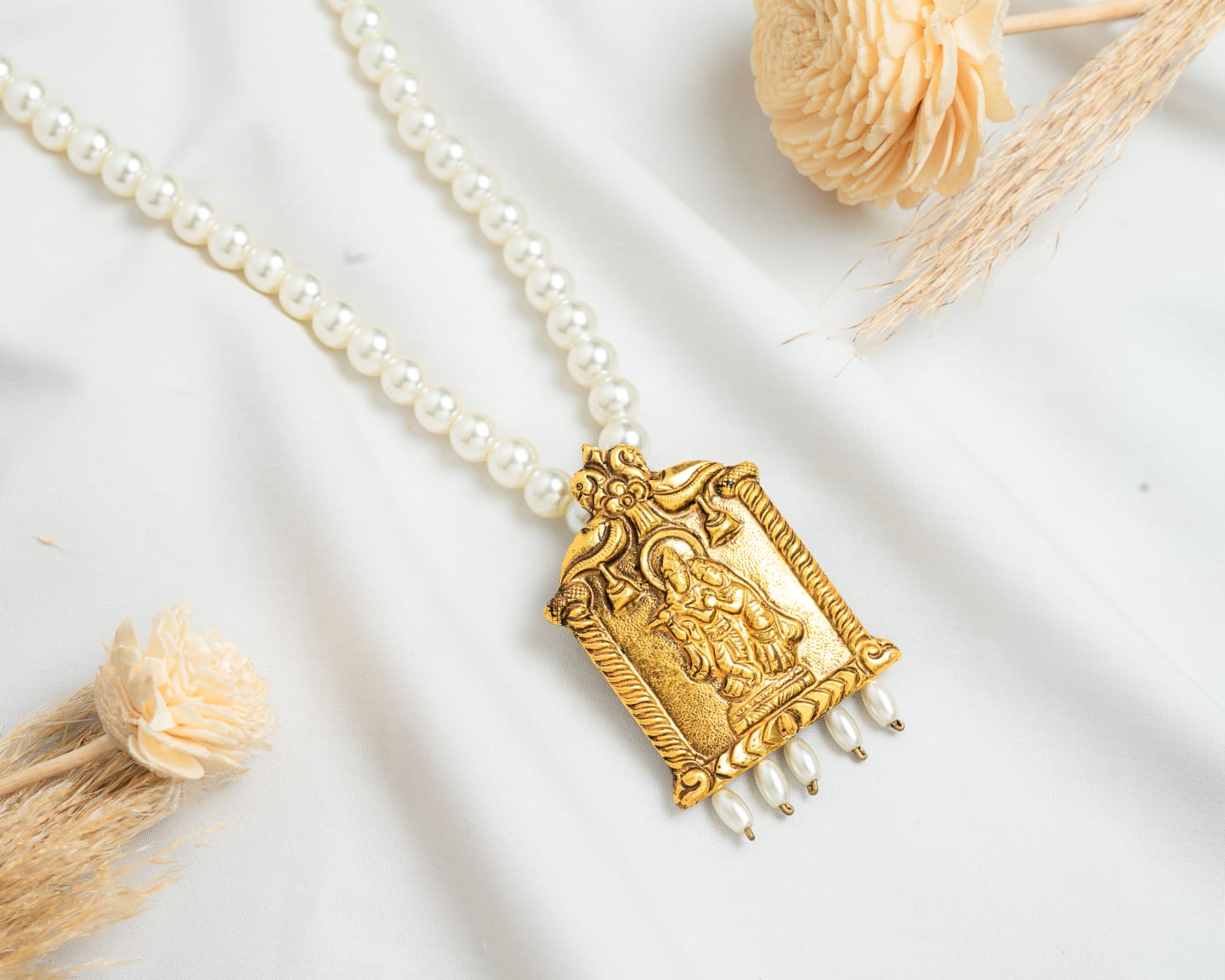Radha Krishna Pearl Mala Temple Pendant Necklace - Shagoon Jewellers Nepal