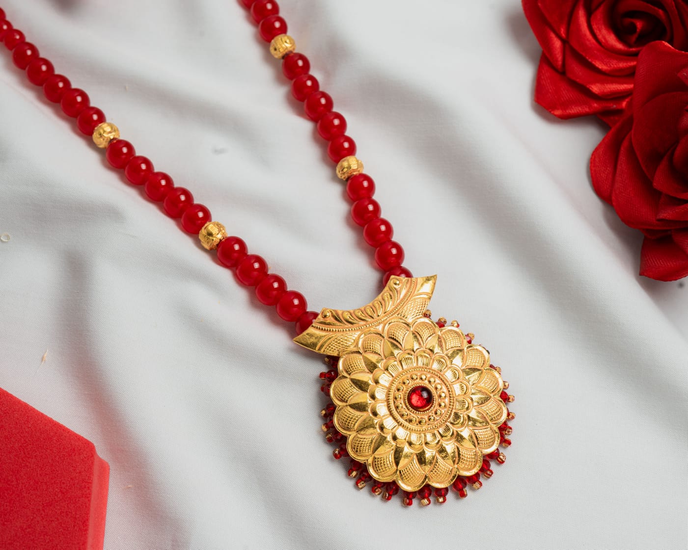 Surya Kamal Red Bead Mala Pendant Necklace - Shagoon Jewellers Nepal